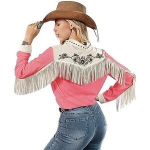 John Moon Texas Pink Western Shirt Floral Embroidery Fringe Studded XL Handmade
